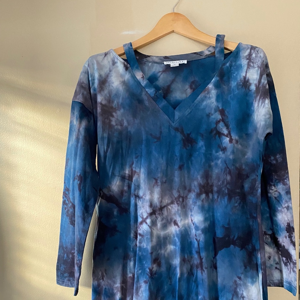 Cold shoulder, tie dye, midi, long sleeve cotton dress